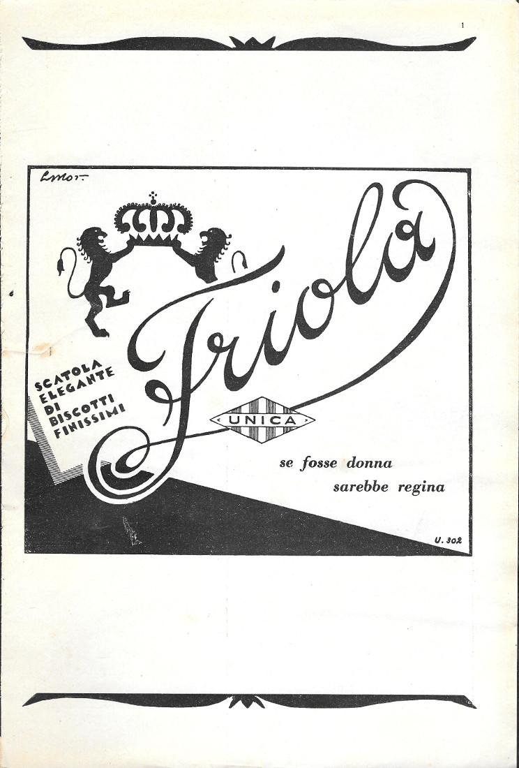 Biscotti Friola. Unica. Advertising 1930