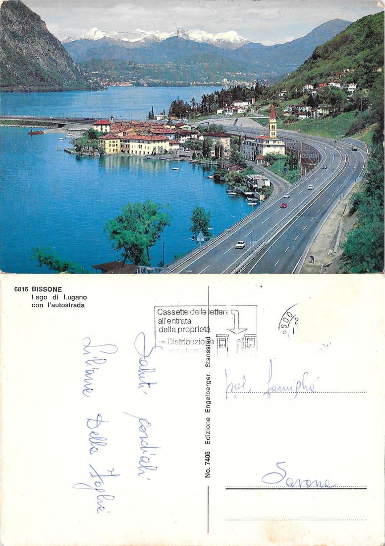 Bissone. Lago di Lugano con l'autostrada. Viaggiata