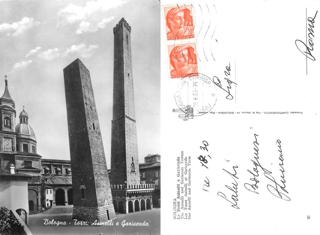 Bologna. Le torri Asinelli e Garisenda. Viaggiata 1965