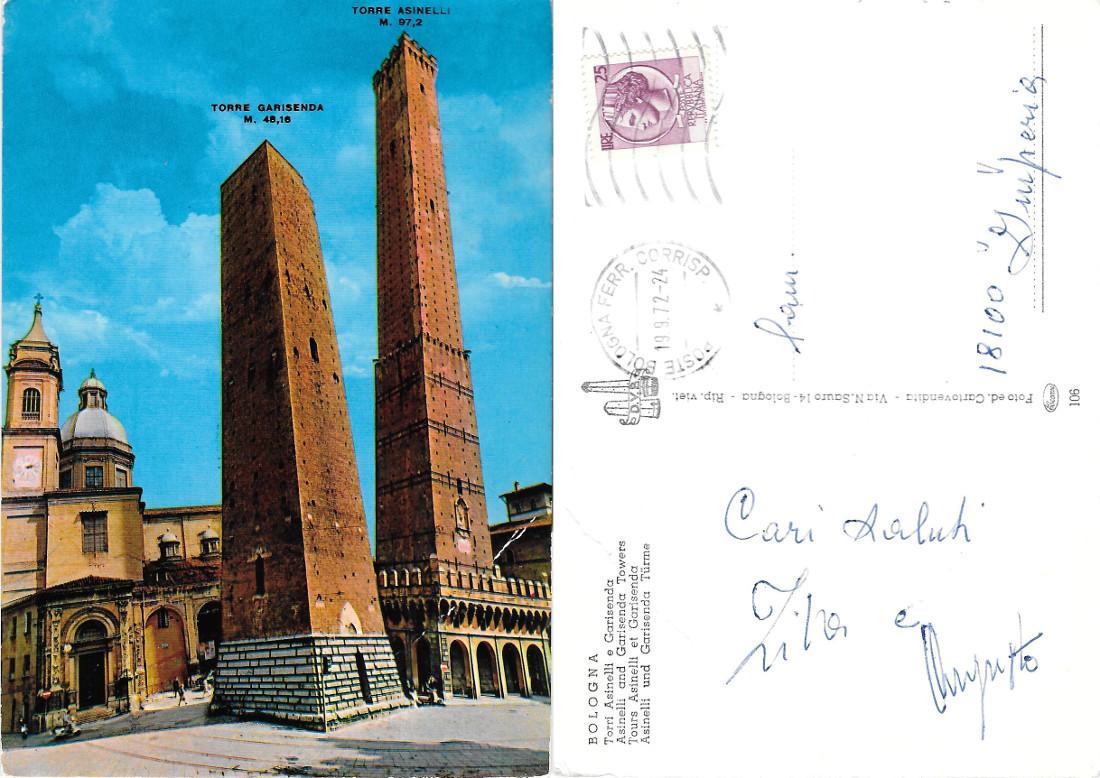 Bologna. Torri Asinelli e Garisenda. Viaggiata 1972