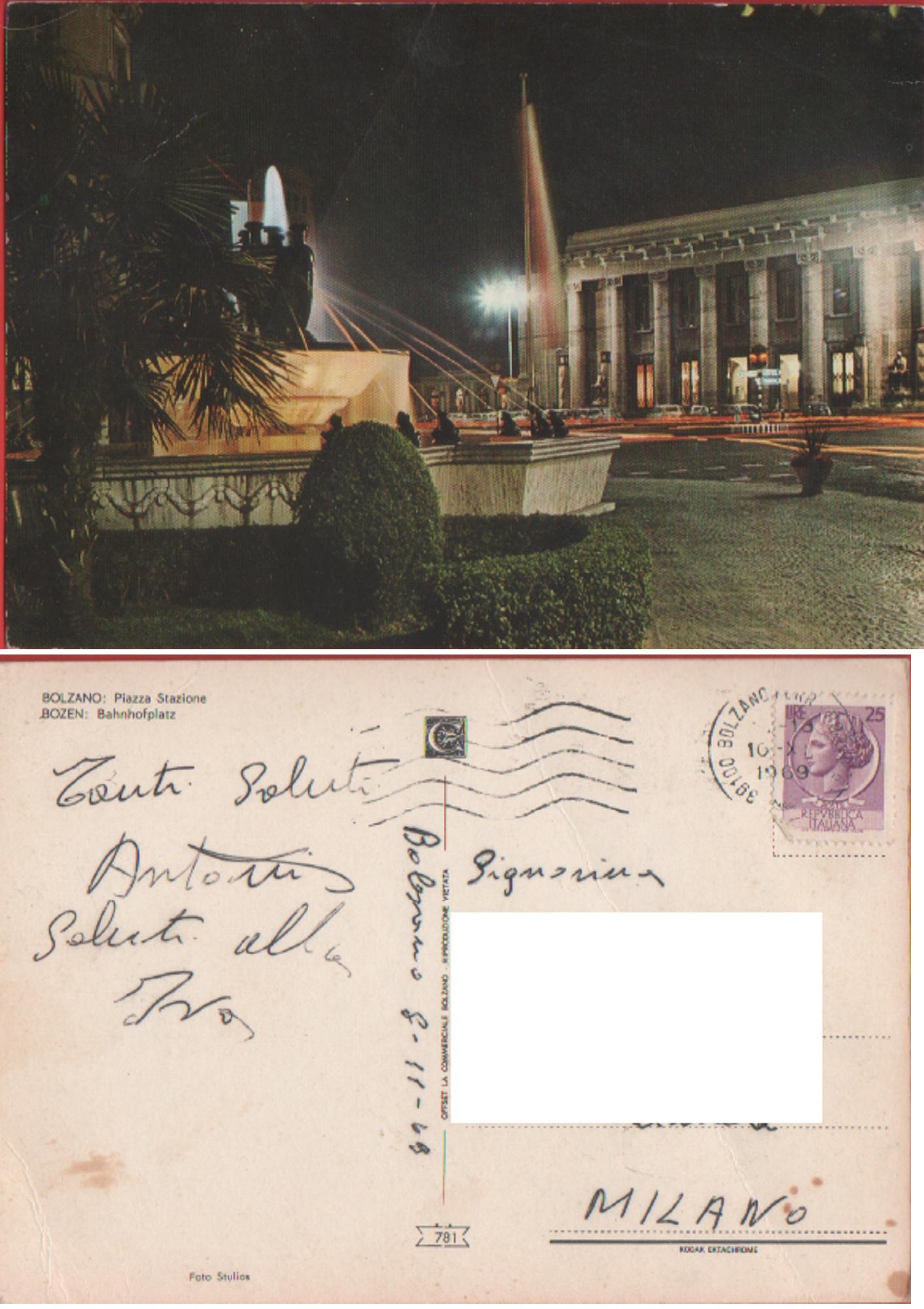 Bolzano. Piazza Stazione. Viaggiata 1969