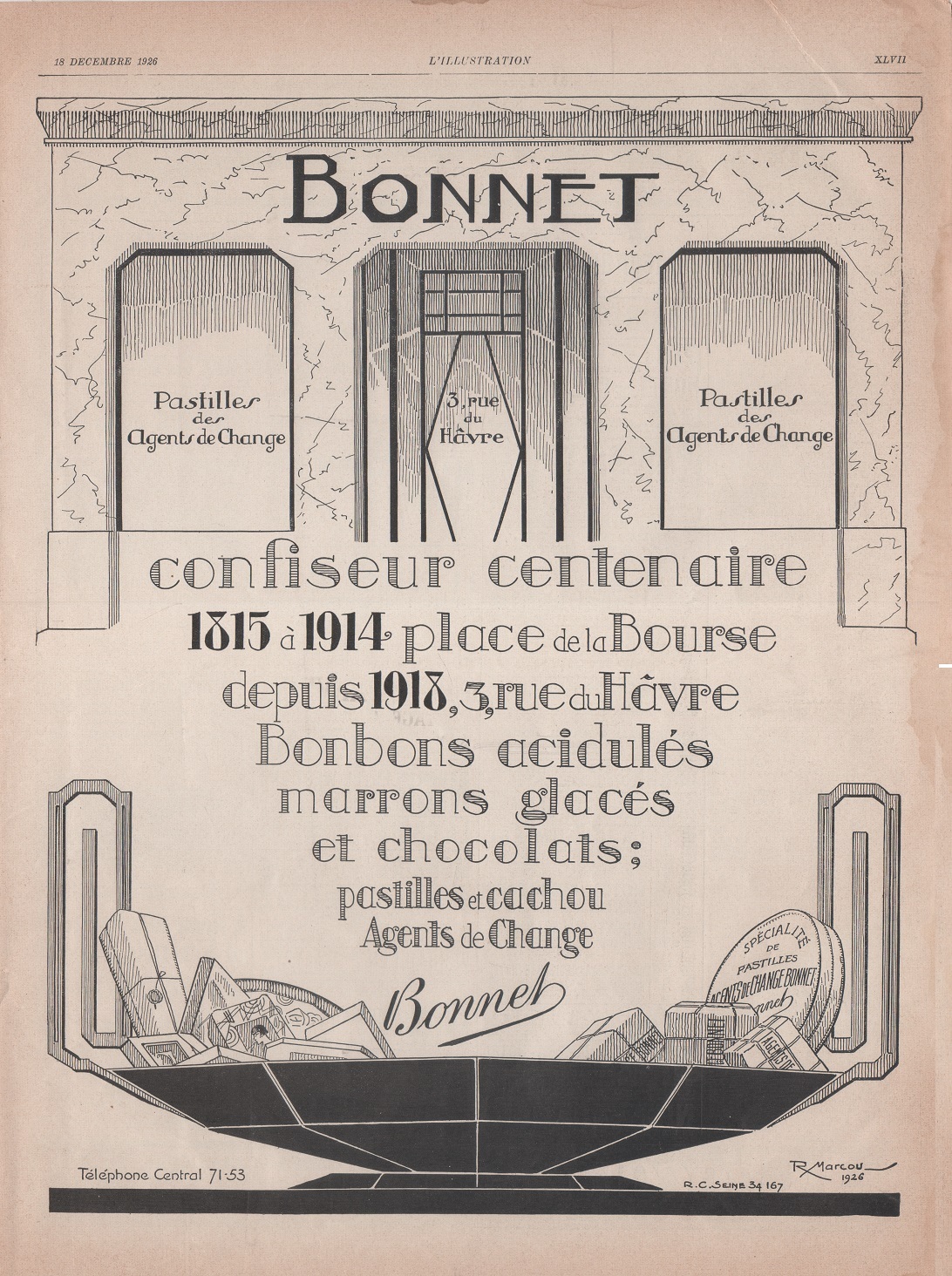 Bonnet confiseur centenaire. Advertising 1926