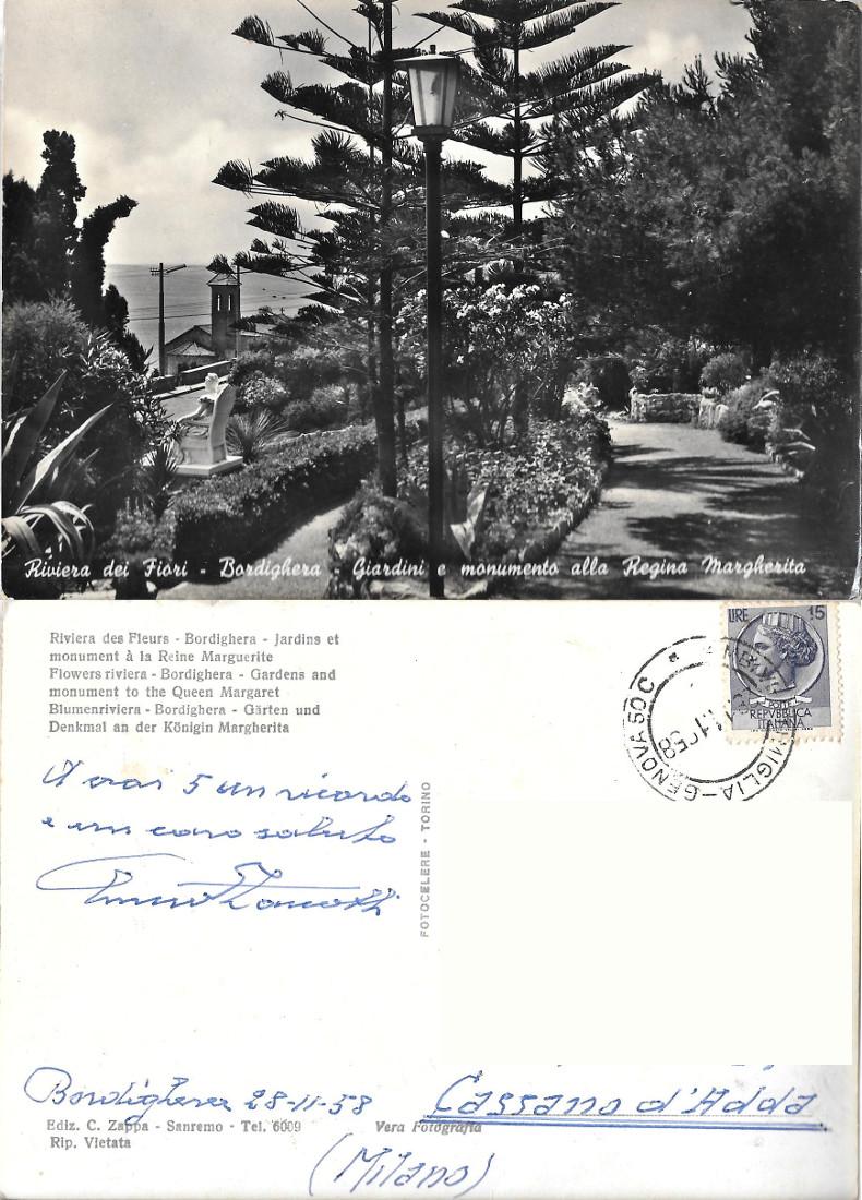 Bordighera. Giardini e Monumento alla Regina Margherita. Viaggiata 1958