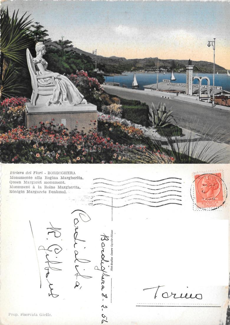 Bordighera (IM). Monumento alla Regina VIttoria. Viaggiata 1956