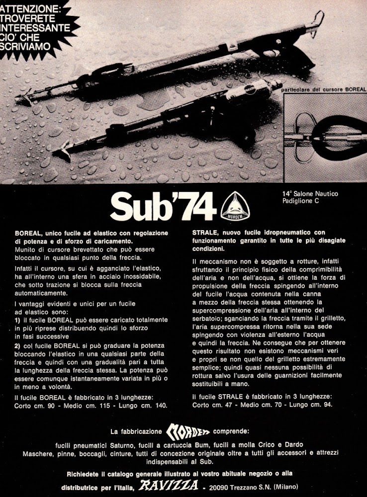 Boreal Mordem, fucile subacqueo ad elastico. Advertising 1974