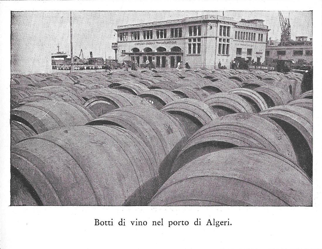 Botti di vino nel porto di Algeri. Stampa 1934
