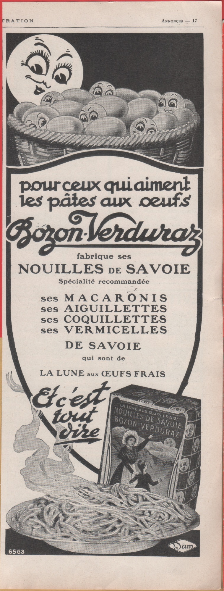 Bozon pates aux oeuf, Nouilles de Savoie. Advertising 1926
