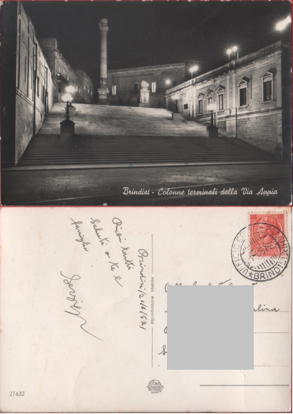 Brindisi. Colonne terminali della Via Appia. Viaggiata 1957