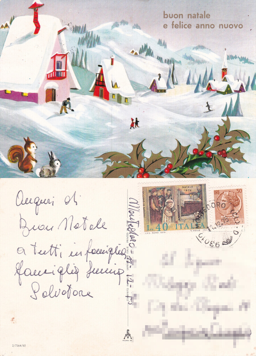 Buon Natale e felice Anno Nuovo. Paesaggio innevato. Viaggiata 1975