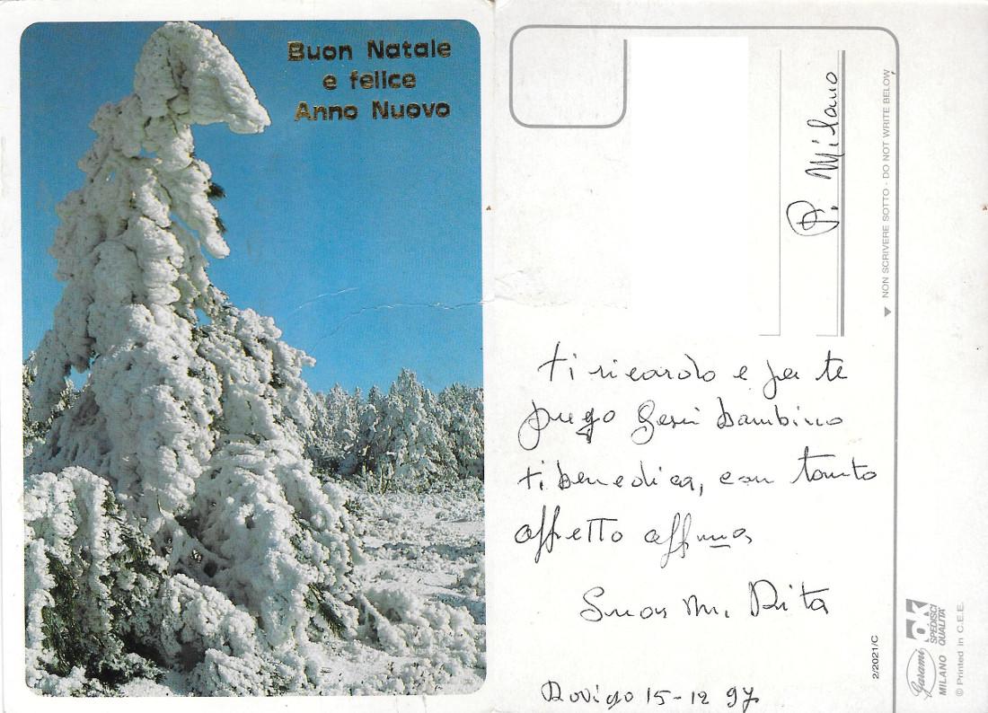 Buon Natale e felice Anno Nuovo. Paesaggio innevato. Viaggiata 1997