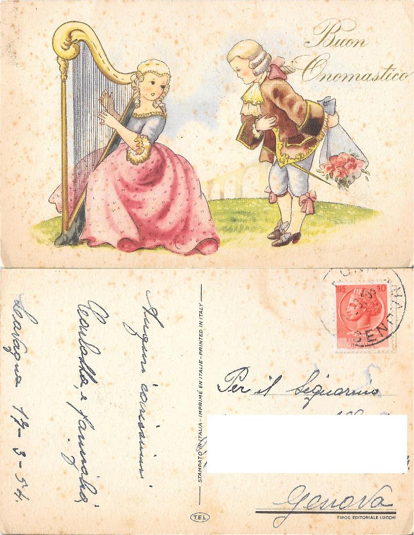 Buon Onomastico. Arpista e giovanotto galante. Viaggiata 1954