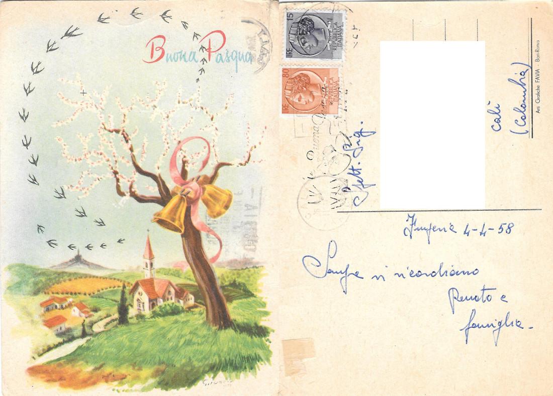 Buona Pasqua. Albero in fiore con rondini. Pittorica. Viaggiata 1958