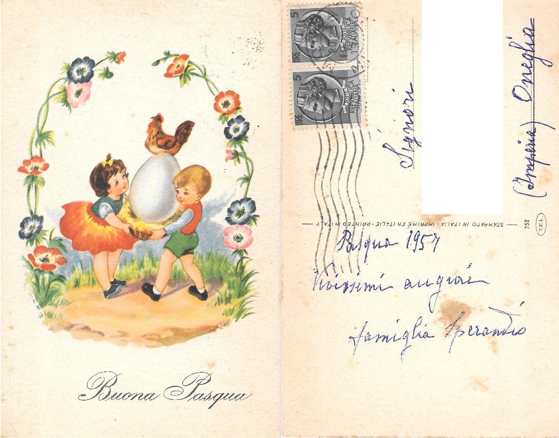 Buona Pasqua. Bambini con uovo. Pittorica. Viaggiata 1957