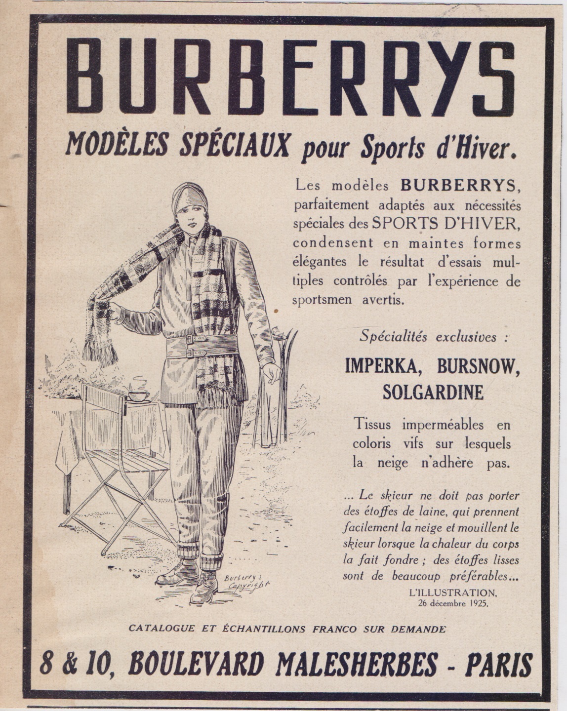 Burberrys modeles speciaux pour sports d'hiver. Advertising 1926