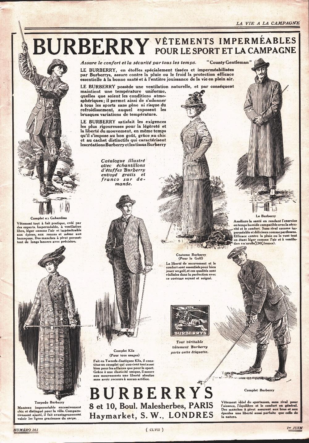 Burberrys. Vétements imperméables pour le sports e la campagne. Advertising …