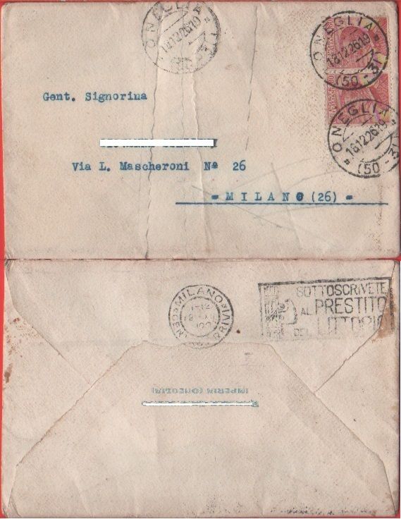 Busta affrancata 1926. Da Oneglia (IM) a Milano