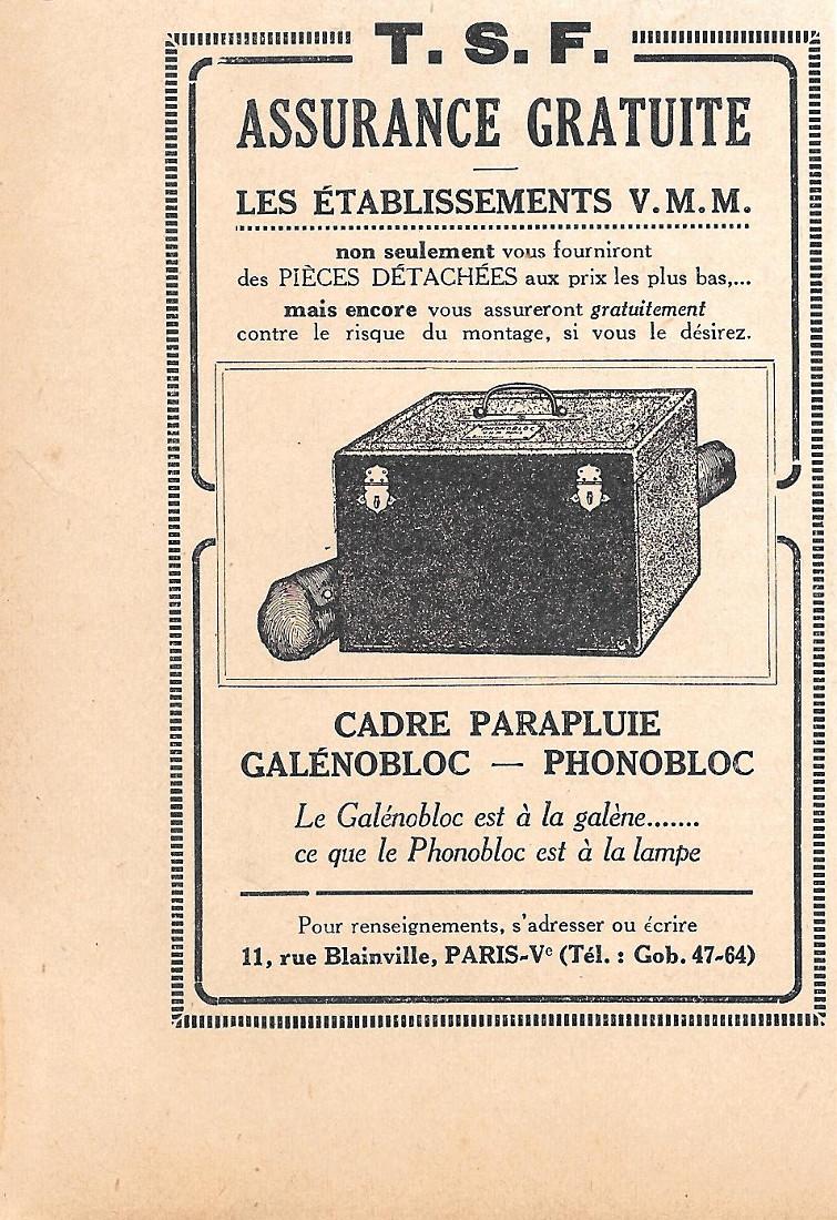 Cadre parafluie, galenobloc, Phonobloc. Etb. VMM. Pubblicita 1923