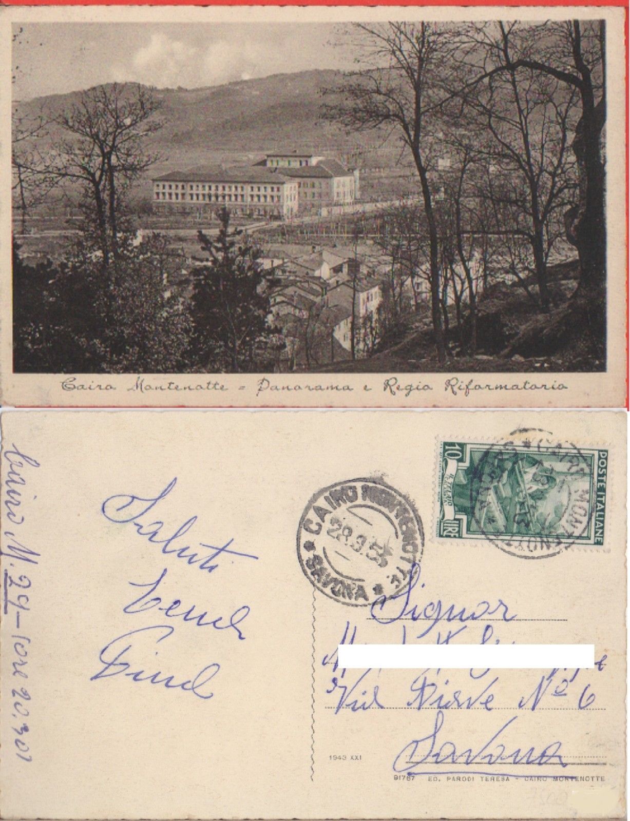 Cairo Montenotte (SV). Panorama e Regio Riformatorio. Viaggiata 1953