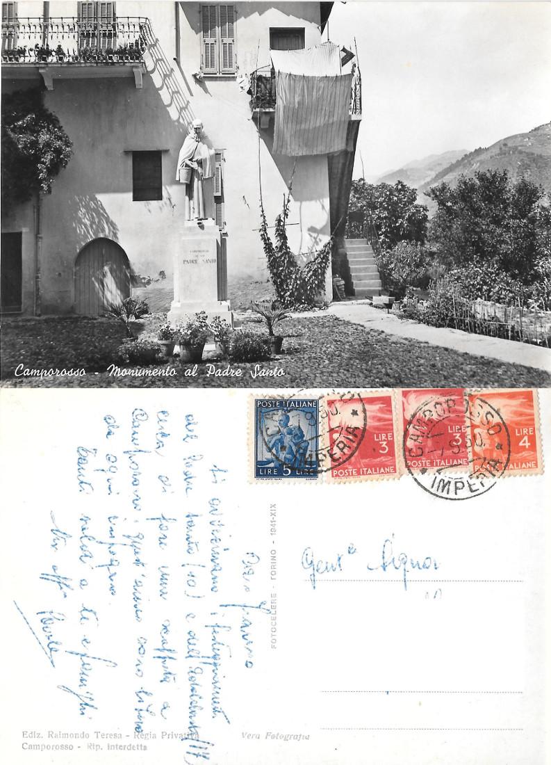 Caporosso (IM). Monumento al Padre Santo. viaggiata 1950