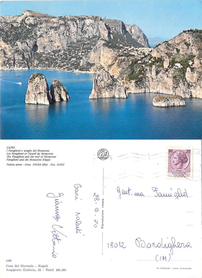 Capri. I Faraglioni e scoglio del Monacone. Viaggiata 1970