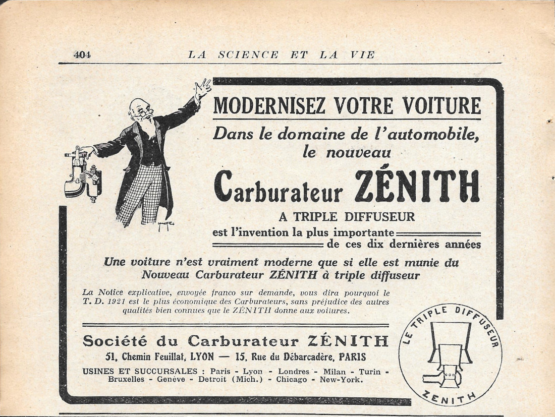Carburateur Zenith a triple dffuseur - Advertising 1920