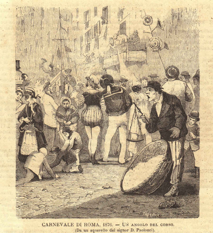 Carnevale di Roma 1876. Un angolo del corso. Stampa 1876