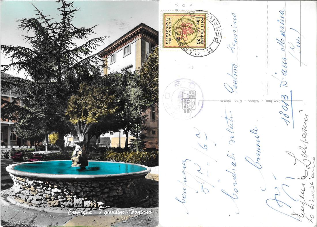 Carpegna (PU). I giardini, fontana. Viaggiata 1967