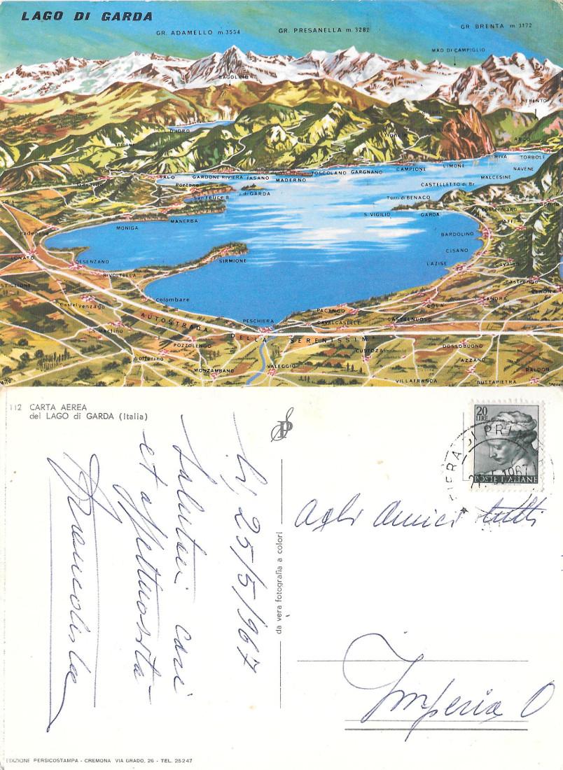 Carta aerea del Lago di Garda. viaggiata 1967