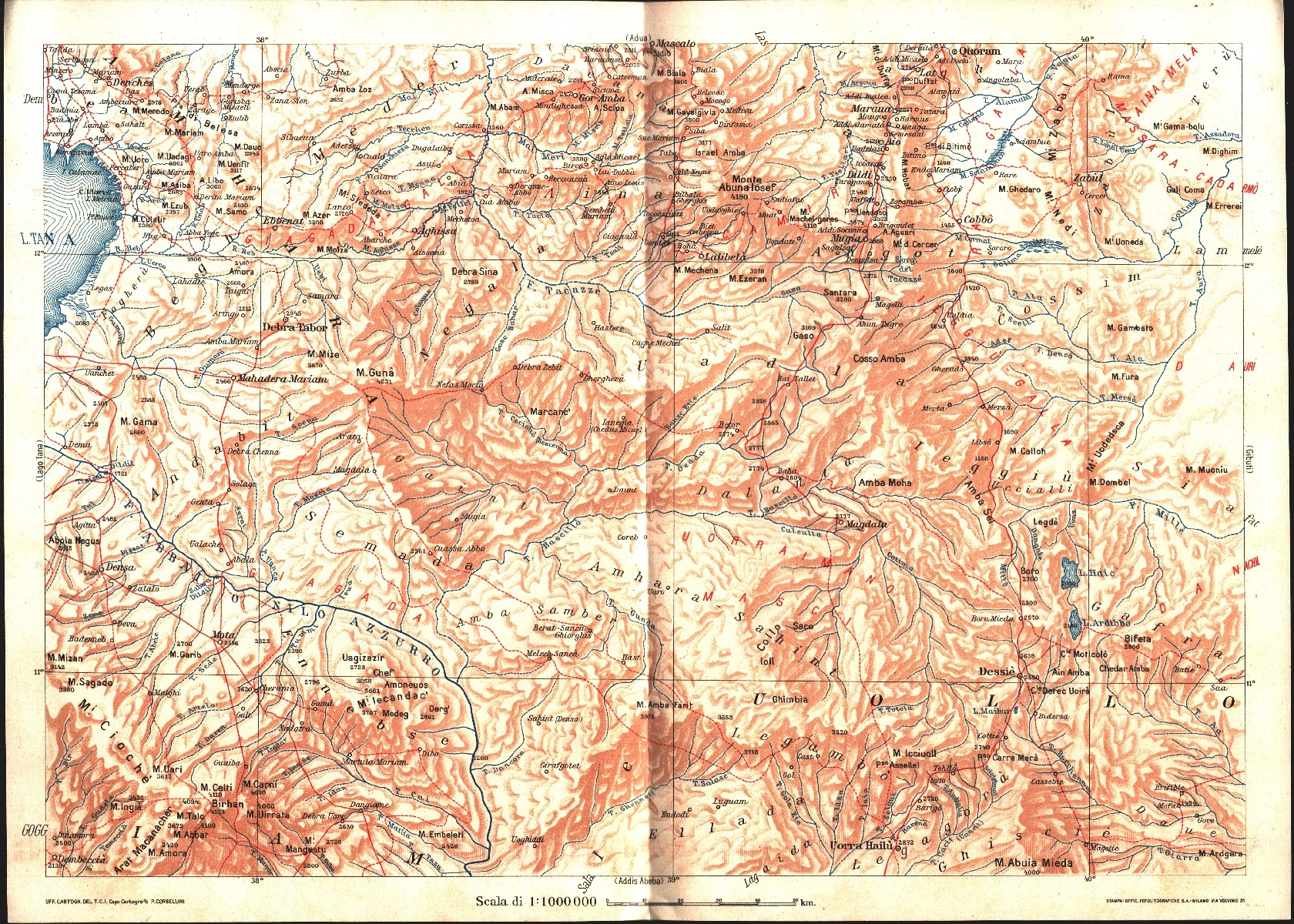 Carta dell'Etiopia. Dessié. scala 1:1000000. 1936