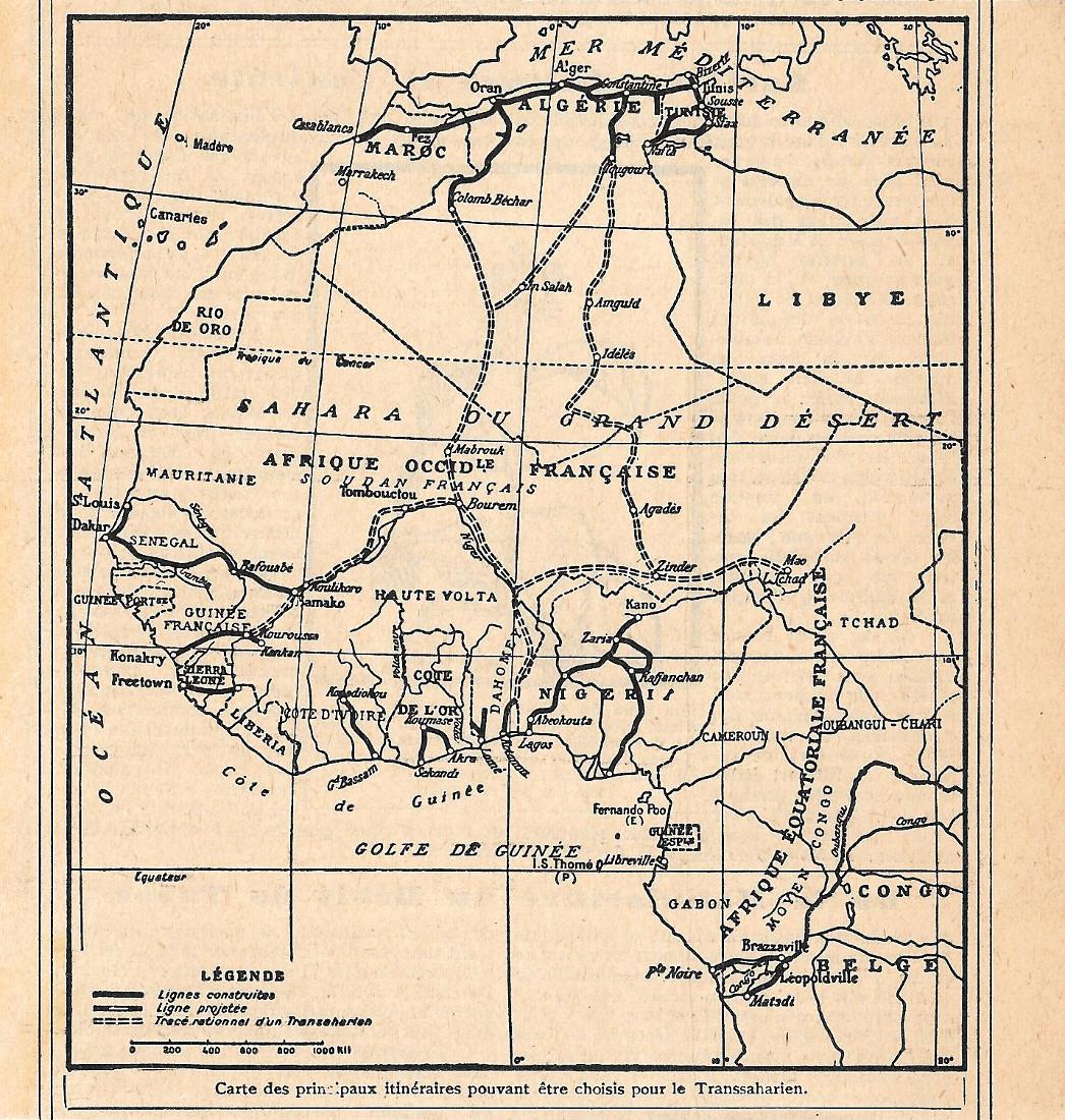 Carte des principaux itineraires Transsahrien. Stampa 1930