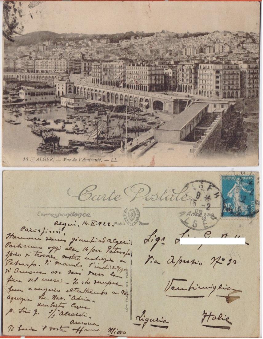 Cartolina - Alger. Vue de l'Amirauté. Viaggiata 1922