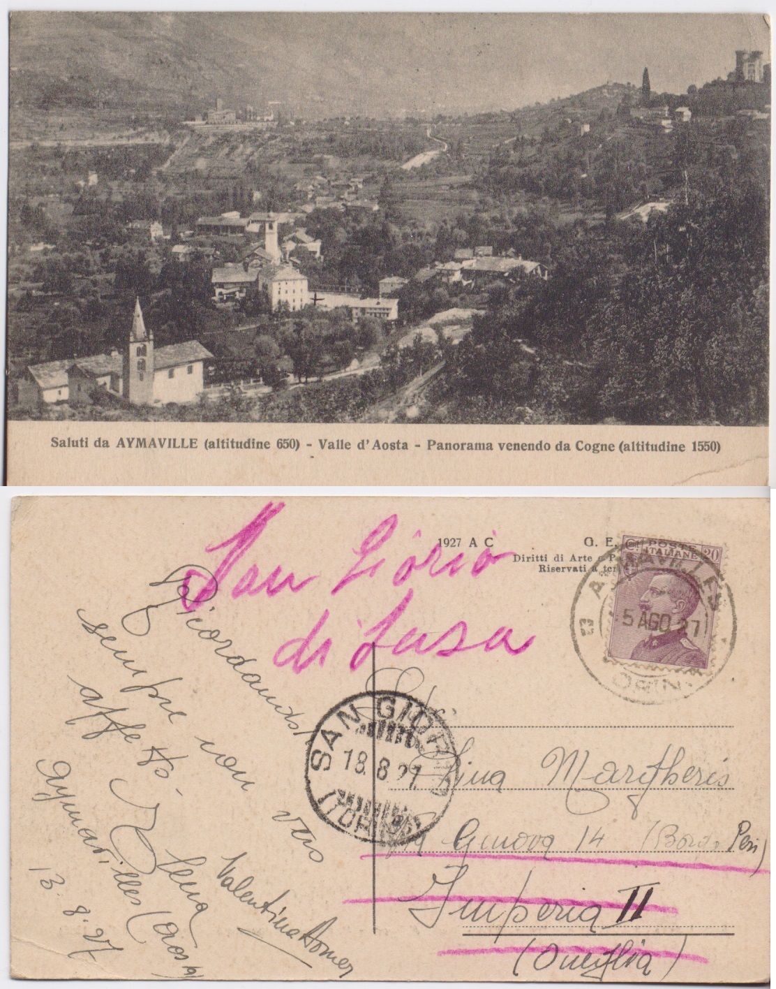 Cartolina - Aymaville. Panorama venendo da Cogne. Viaggiata 1927