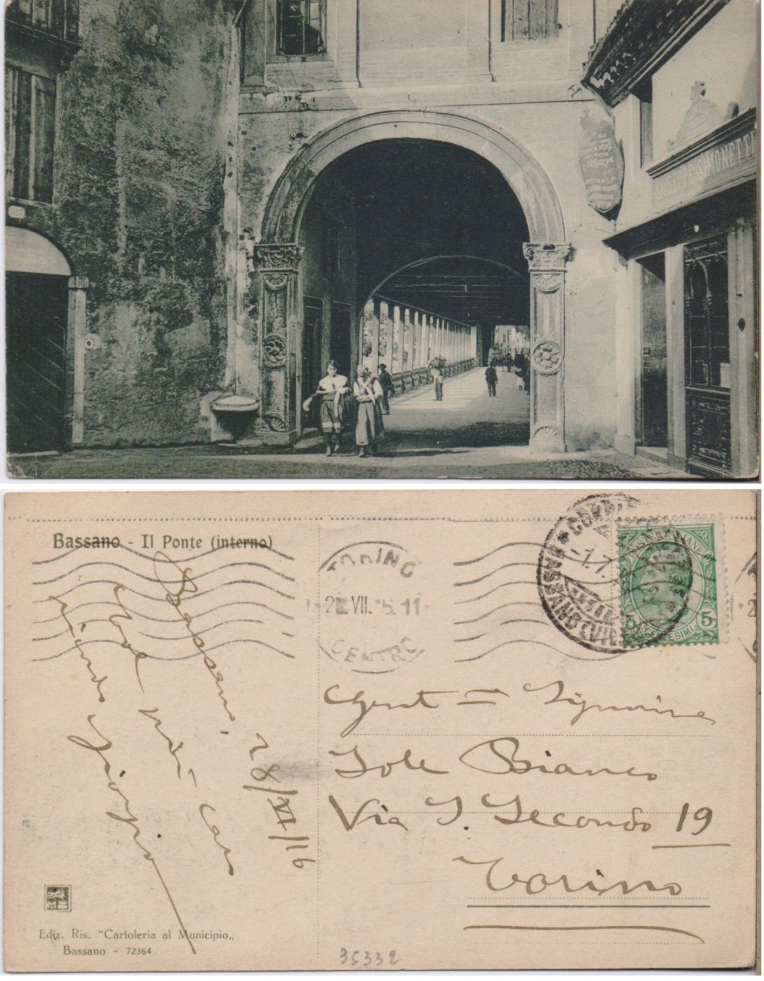 Cartolina - Bassano. Il ponte. Animata, donne in costume, viaggiata …