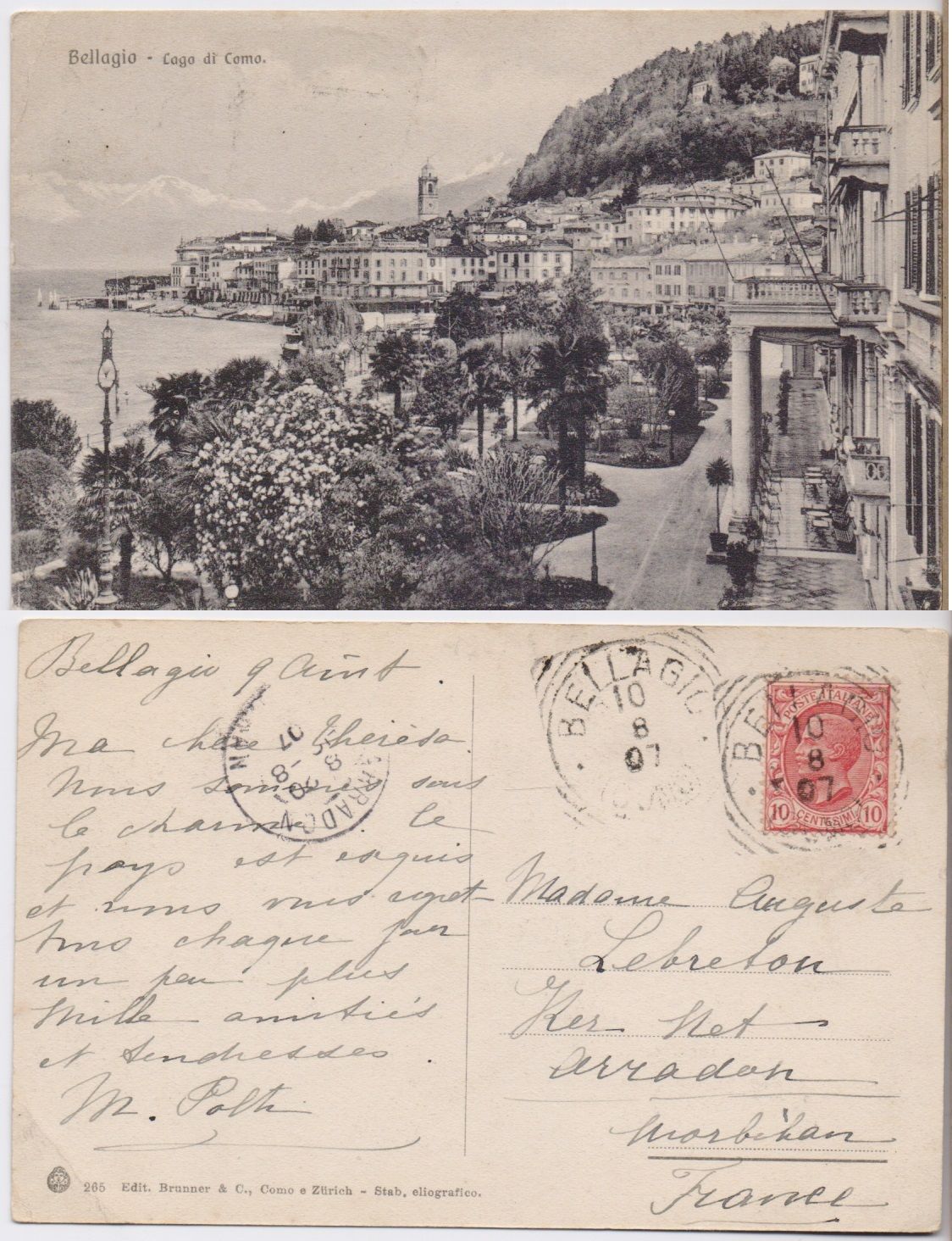 Cartolina - Bellagio. Lago di Como. Viaggiata 1907
