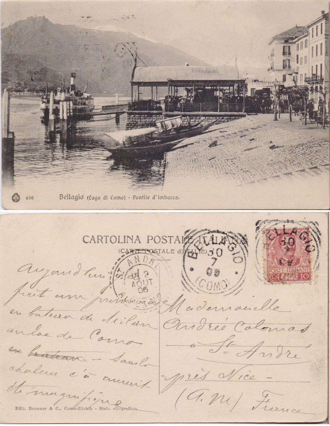 Cartolina - Bellagio. Pontile d'imbarco. Viaggiata 1906, battello, barca, animata