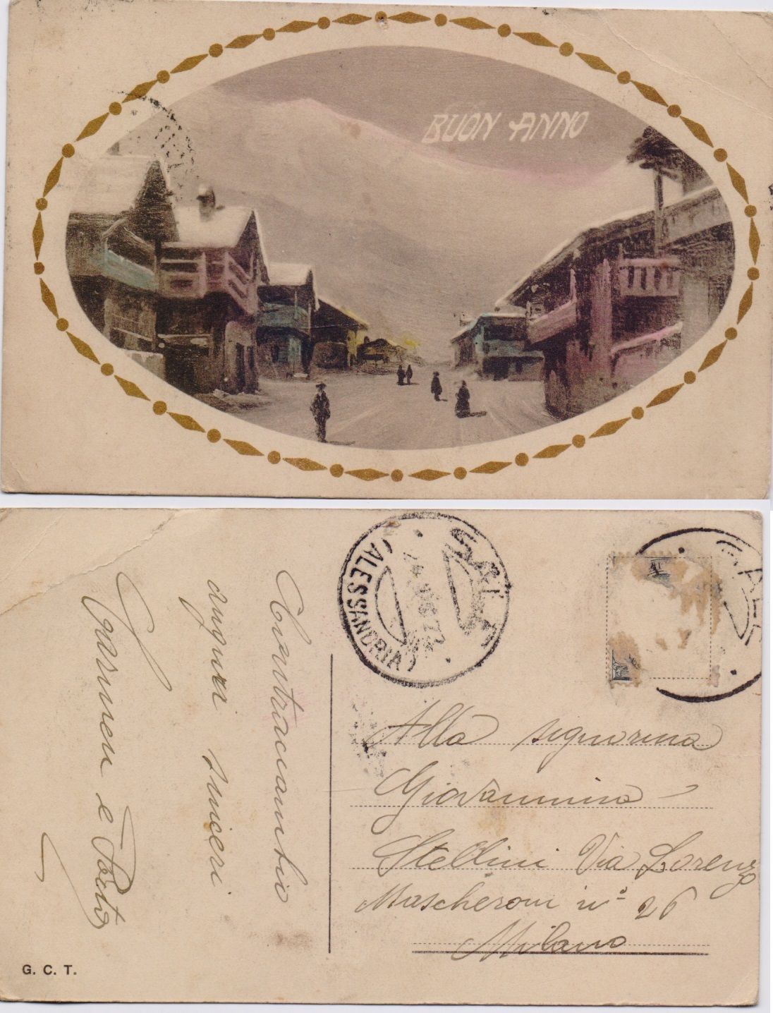 Cartolina - Buon Anno. Paesaggio animato - Viaggiata 1925