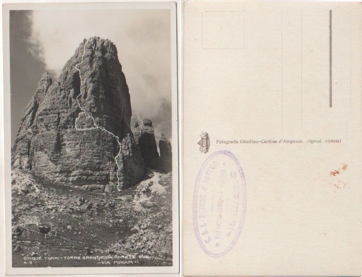 Cartolina - Cinque torri. Torre grande. Parete sud. Via Miriam …