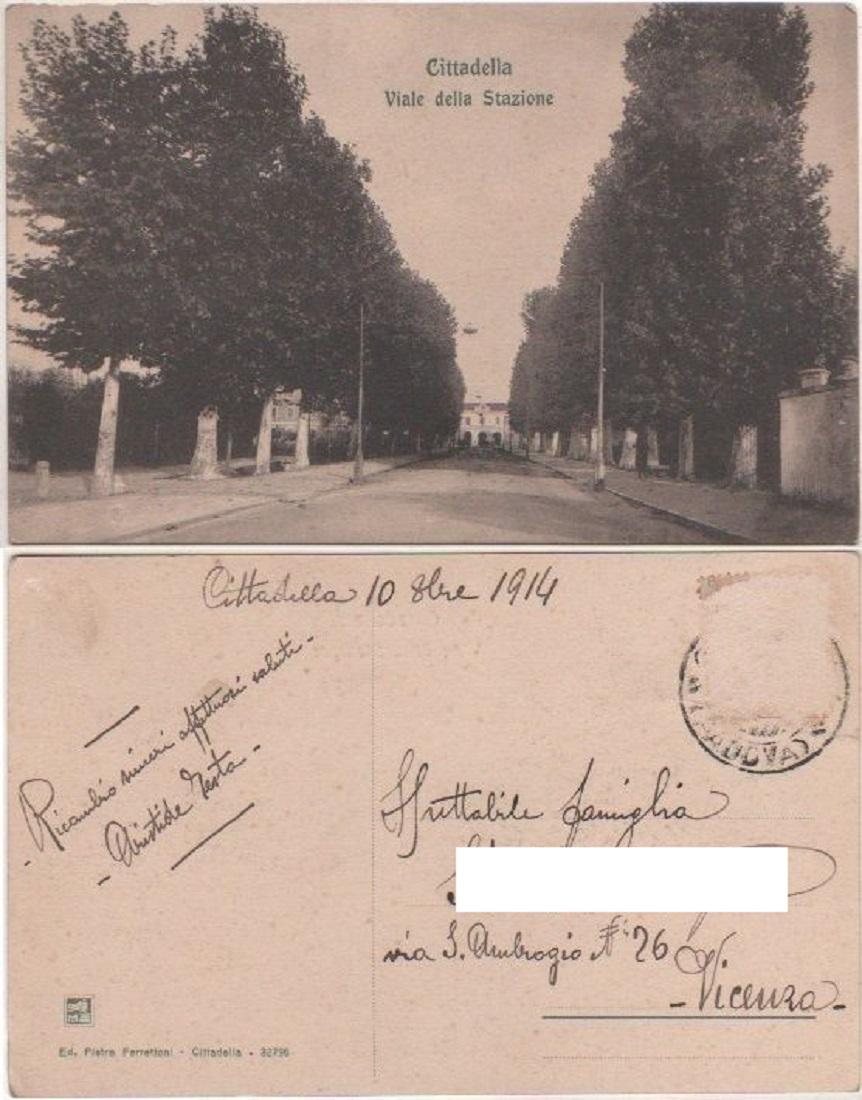 Cartolina - Cittadella. Viale della Stazione - Viaggiata 1914