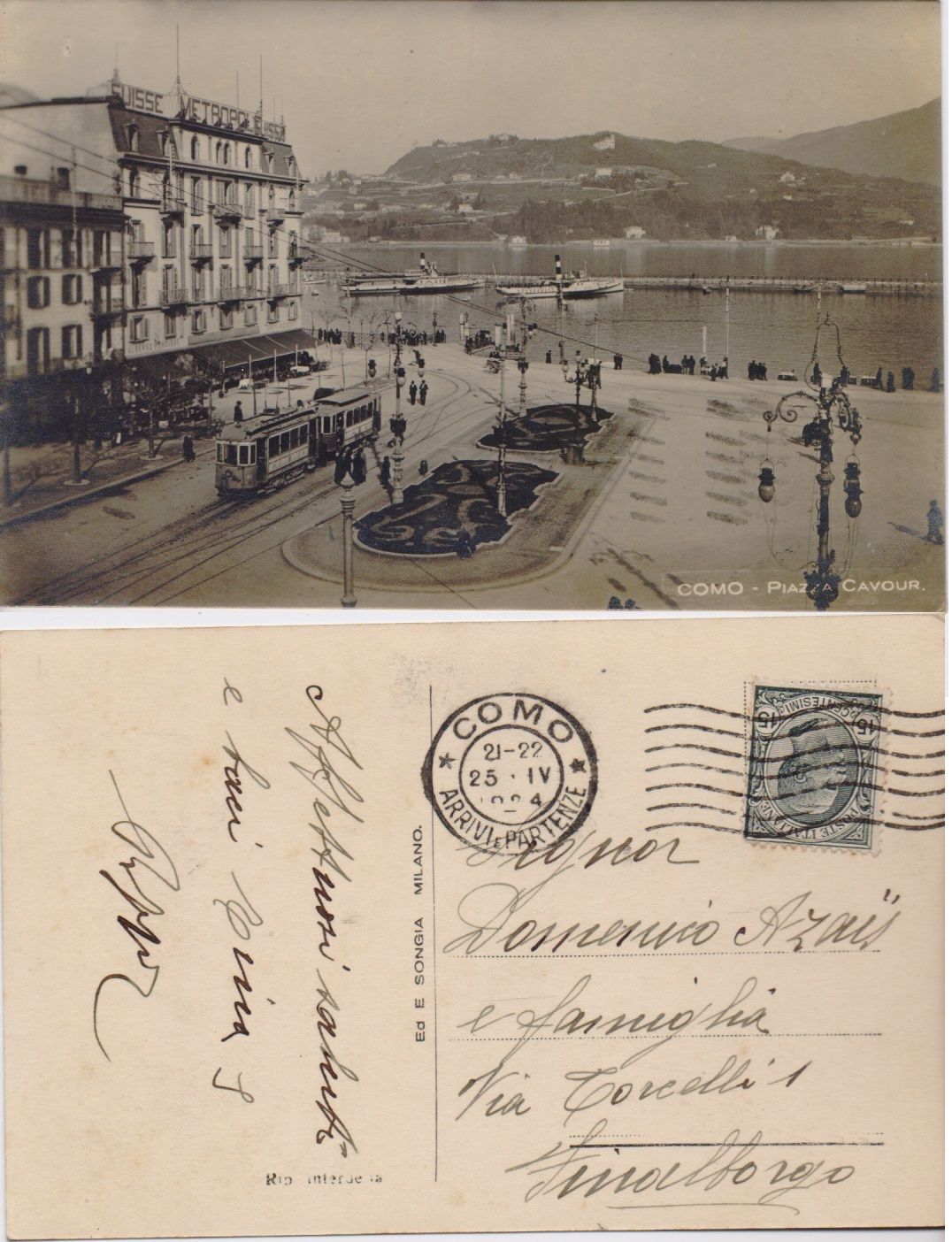 Cartolina - Como. Piazza Cavour. Viaggiata 1924, tram, battelli, animata