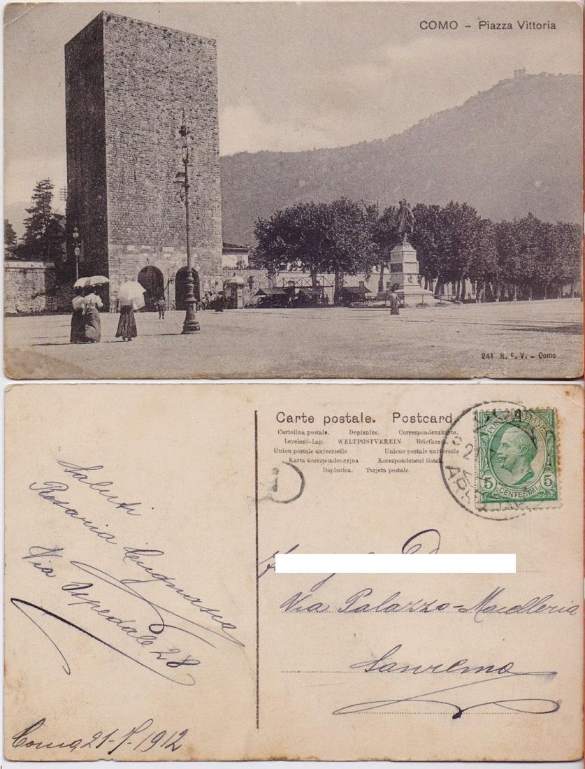 Cartolina - Como. Piazza Vittoria. Viaggiata 1916, animata