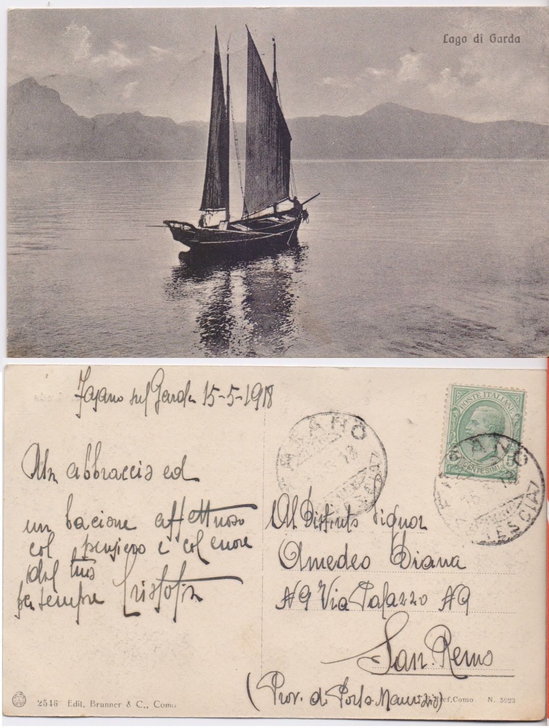 Cartolina - Lago di Garda. Barca a vela. Viaggiata 1918