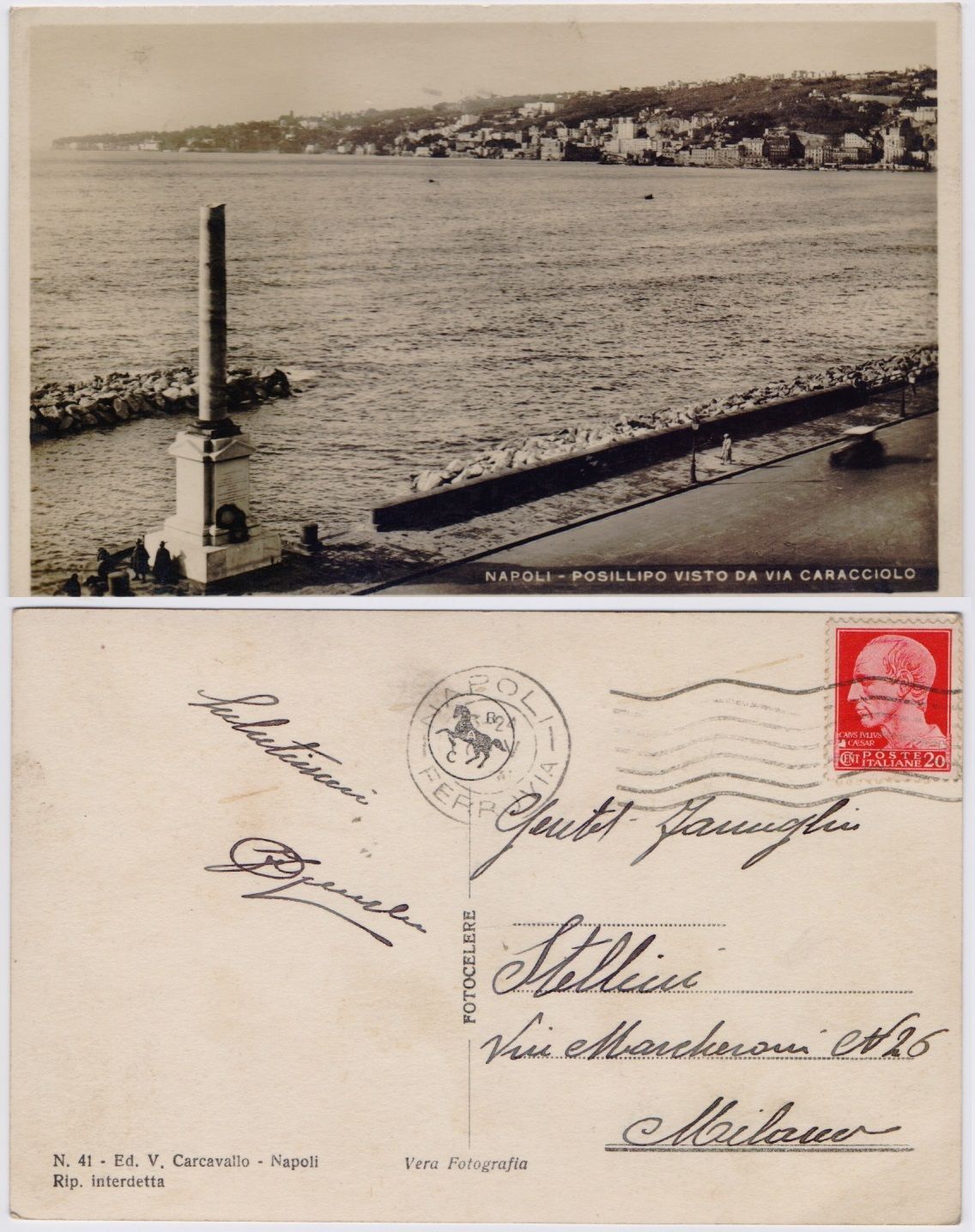 Cartolina - Napoli. Posillipo visto da via Caracciolo. Viaggiata 1927