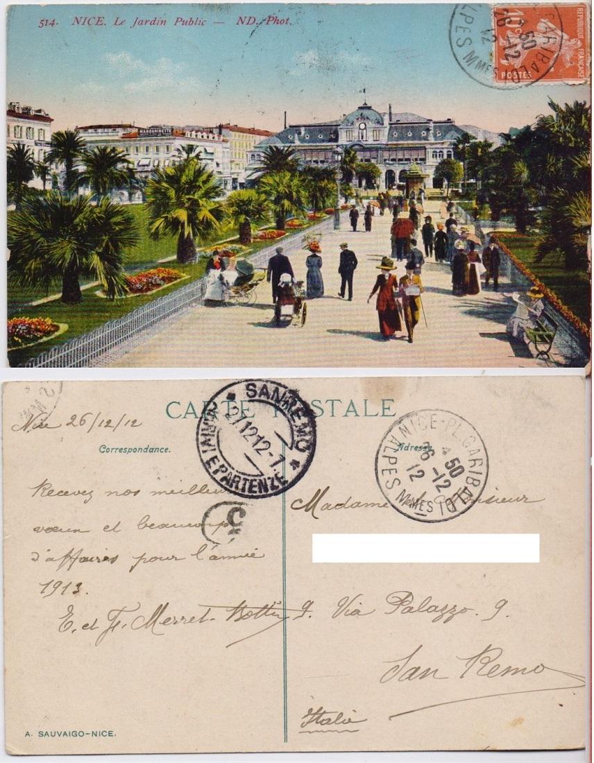 Cartolina - Nice. Le Jardin Public. Viaggiata 1912, colorata