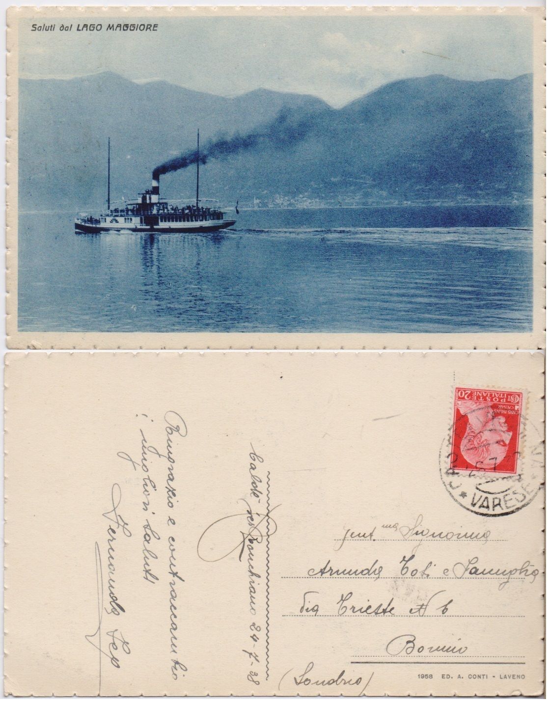 Cartolina - Saluti dal Lago Maggiore. Viaggiata 1928, Battello