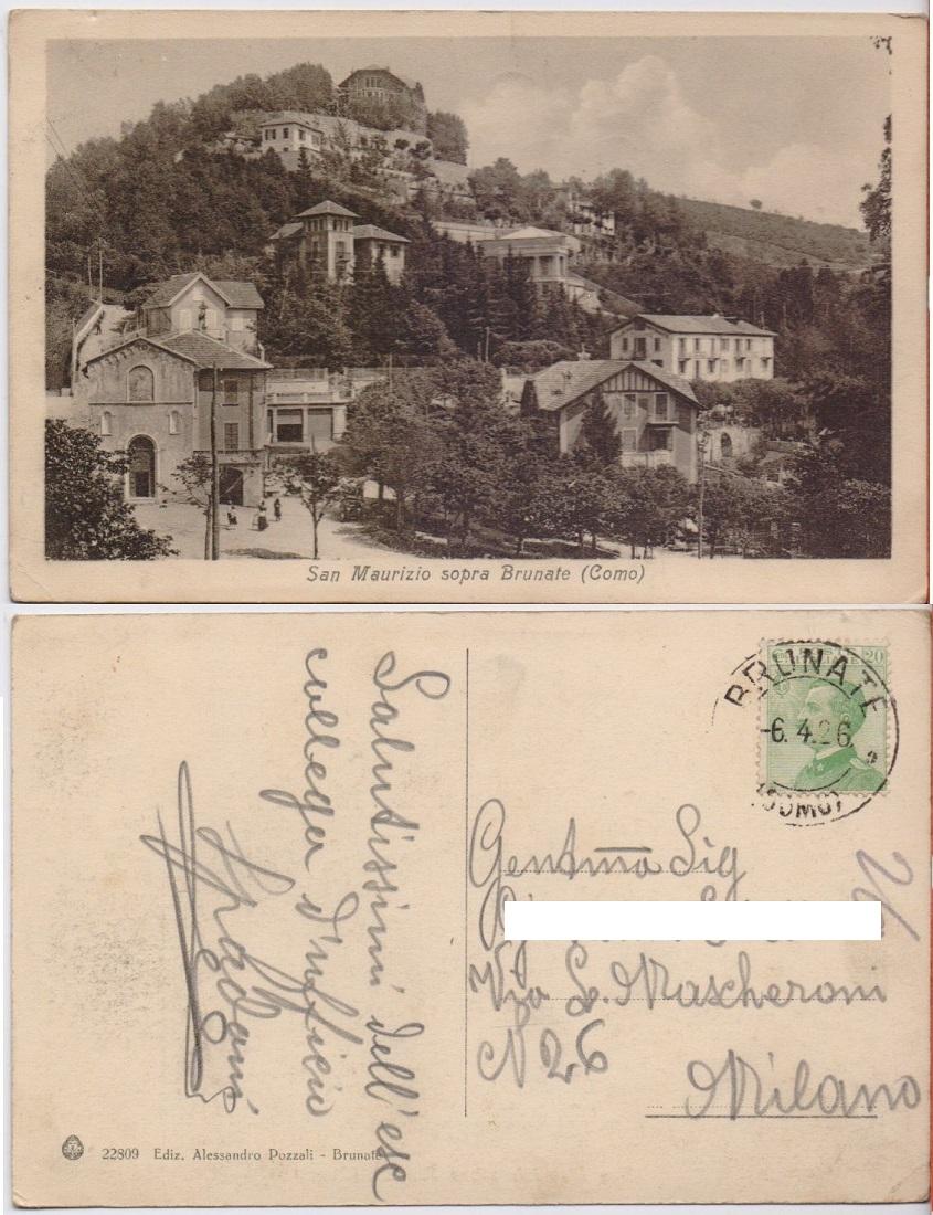 Cartolina - San Maurizio sopra Brunate (Como). Viaggiata 1926