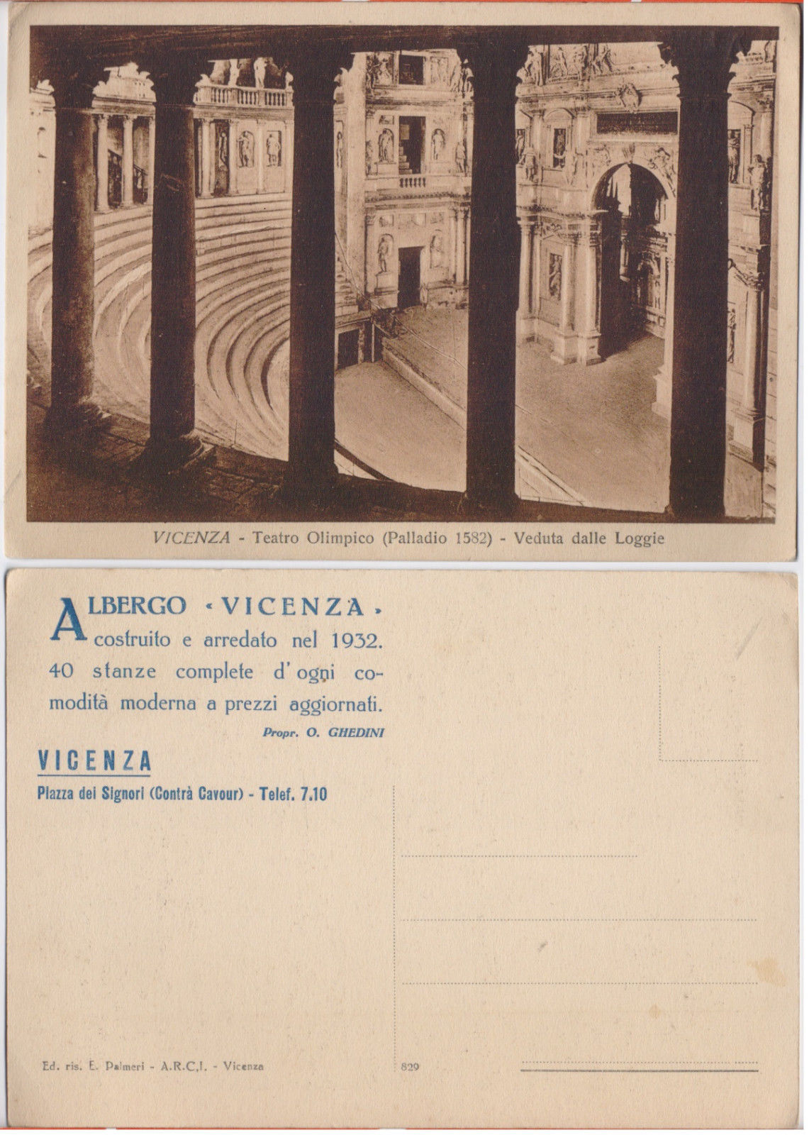 Cartolina - Teatro Olimpico (Palladio). Cartolina pubblicitaria Albergo Vicenza