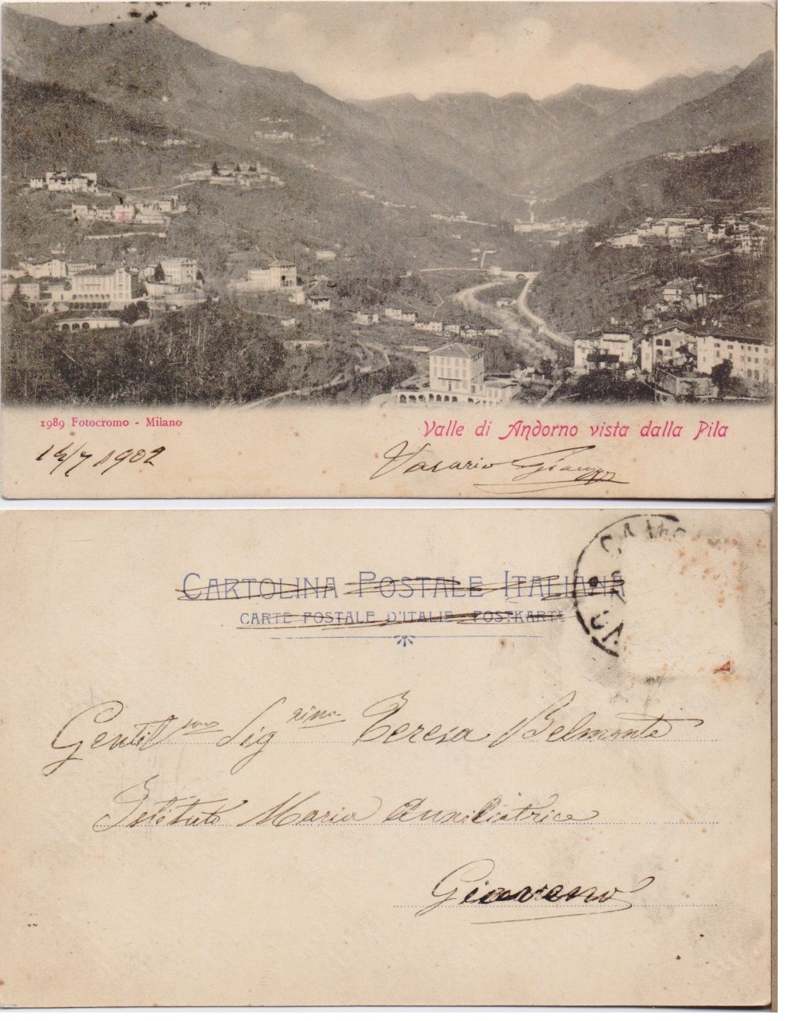 Cartolina - Valle di Andorno vista dalla Pila. Viaggiata 1902