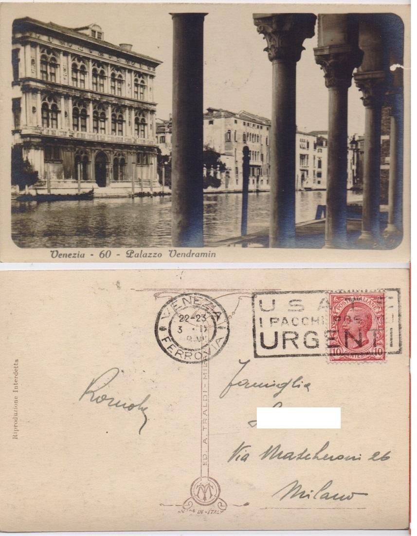 Cartolina - Venezia. Palazzo Vendramin. Viaggiata 1928