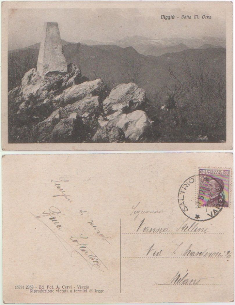 Cartolina - Viggiù. Vetta monte Orsa. Viaggiata 1928