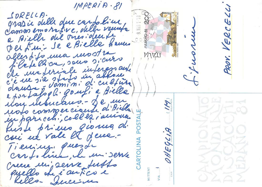 Cartolina Campionato Mondiale di scacchi. Merano 1981. Viaggiata 1981